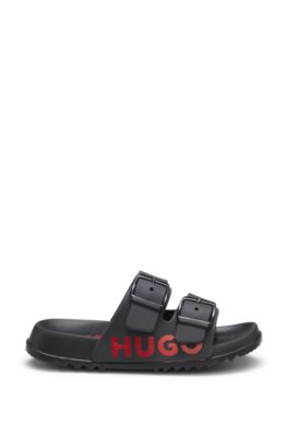 Kids' two-strap sandals with red logo, Black