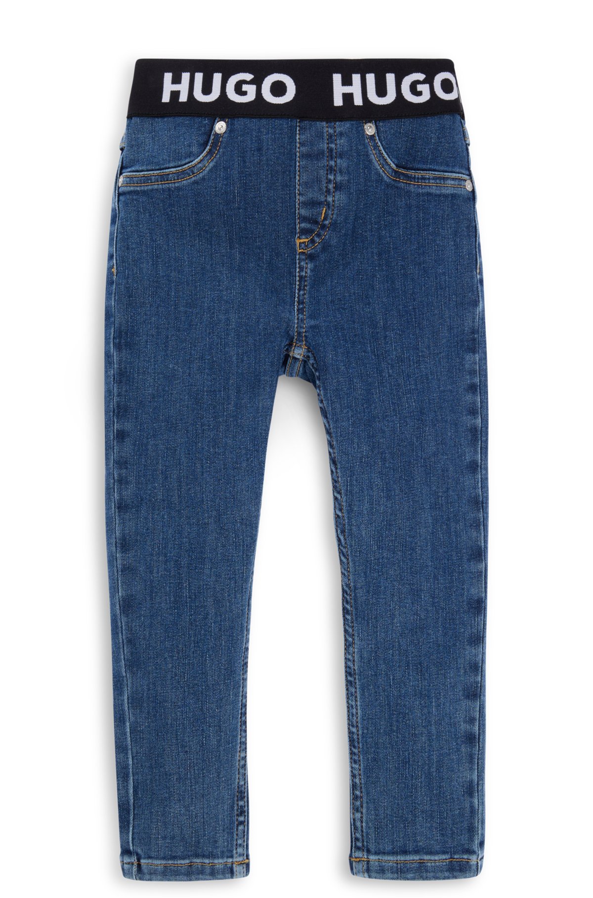 Kids' jeggings in blue stretch denim with branded waistband