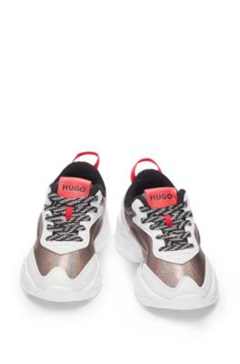 Kids' mixed-material trainers with faux leather, Silver