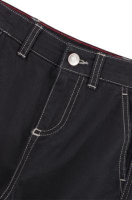 Kids' stretch-cotton cargo trousers with red logo label, Black