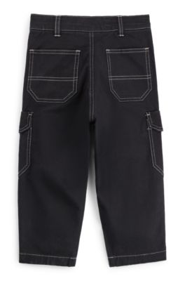 Kids' stretch-cotton cargo trousers with red logo label, Black