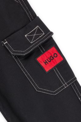 Kids' stretch-cotton cargo trousers with red logo label, Black