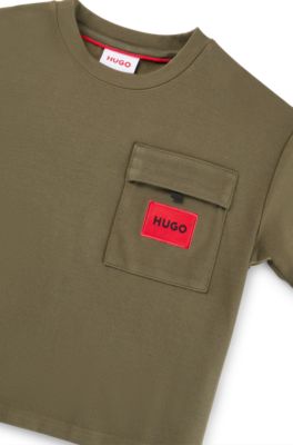 Kids' heavyweight-jersey T-shirt with red logo label, Dark Green