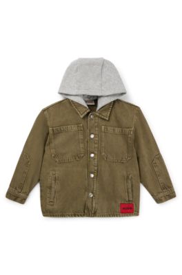 Kids' denim overshirt with detachable fleece hood, Dark Green