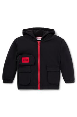 Kids' stretch-cotton zip-up hoodie with red logo label, Black