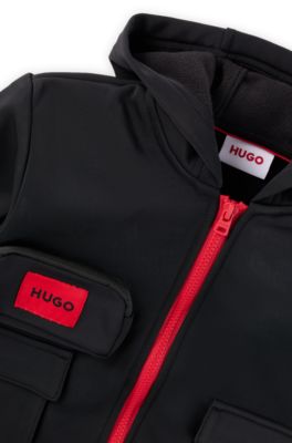 Kids' stretch-cotton zip-up hoodie with red logo label, Black