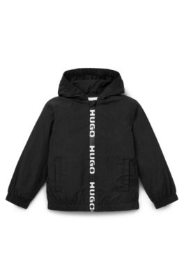 Kids' hooded windbreaker with embroidered logo, Black