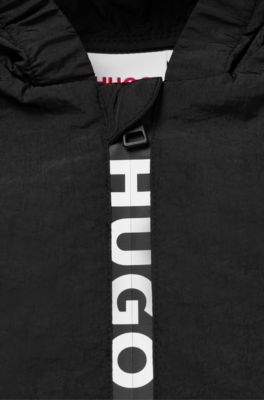 Kids' hooded windbreaker with embroidered logo, Black
