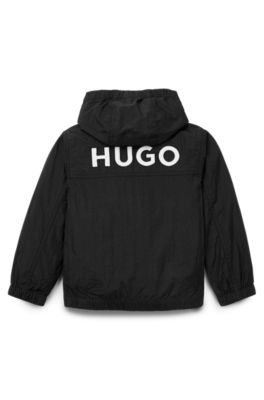 Kids' hooded windbreaker with embroidered logo, Black