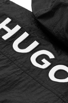 Kids' hooded windbreaker with embroidered logo, Black