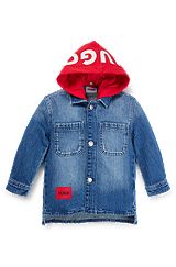 Kids' blue-denim jacket with detachable contrast hood, Patterned