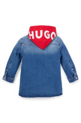 Kids' blue-denim jacket with removable contrast hood, Blue