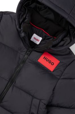 Kids' water-repellent puffer jacket with red logo label, Black