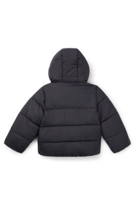 Kids' water-repellent puffer jacket with red logo label, Black
