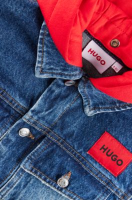 Kids' denim jacket with detachable fleece hood, Patterned