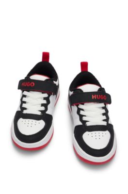 Kids' faux-leather trainers with branded strap, Black