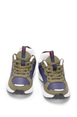 Kids' mixed-material trainers with faux leather, Dark Green