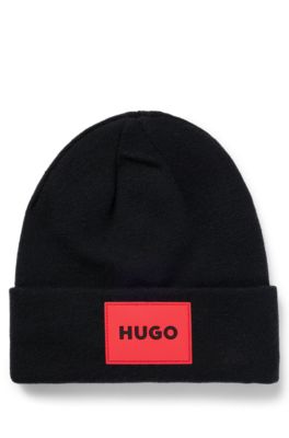 Kids' beanie hat with red rubber logo label, Black