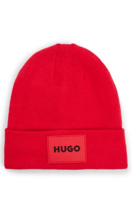 Kids' beanie hat with red rubber logo label, Red
