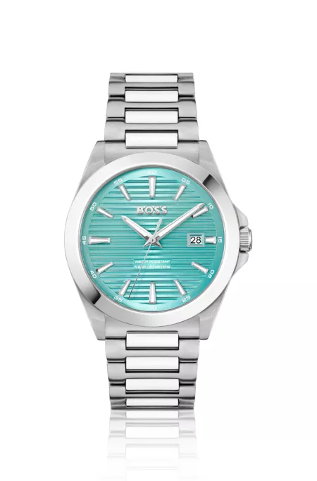 Silver-tone watch with grooved turquoise dial