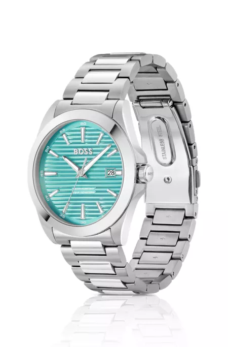 Silver-tone watch with grooved turquoise dial