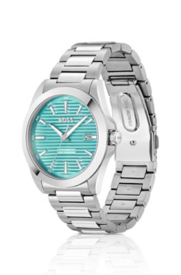 Silver-tone watch with grooved turquoise dial, Assorted-Pre-Pack