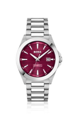 Silver-tone watch with burgundy grooved dial, Assorted-Pre-Pack
