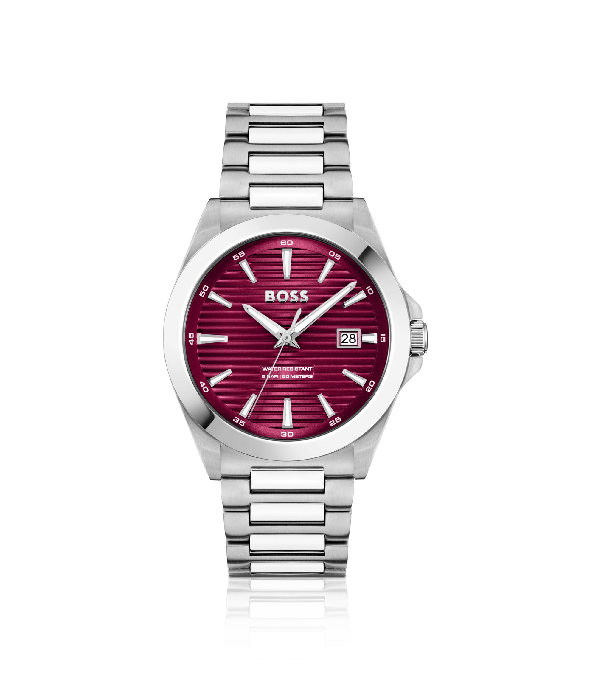 BOSS - Silver-tone watch with burgundy grooved dial