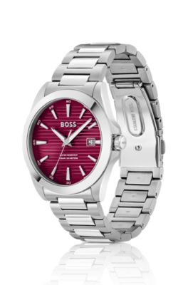 Silver-tone watch with burgundy grooved dial, Assorted-Pre-Pack