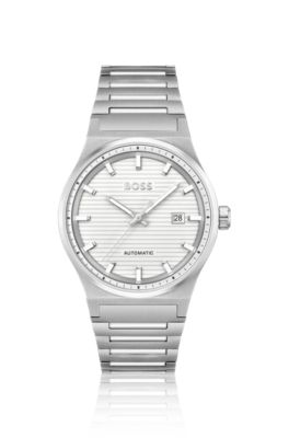 Silver-tone automatic watch with white grooved dial, Assorted-Pre-Pack