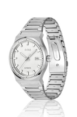 Silver-tone automatic watch with white grooved dial, Assorted-Pre-Pack