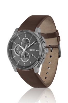 Gray-plated chronograph watch with leather strap, Assorted-Pre-Pack