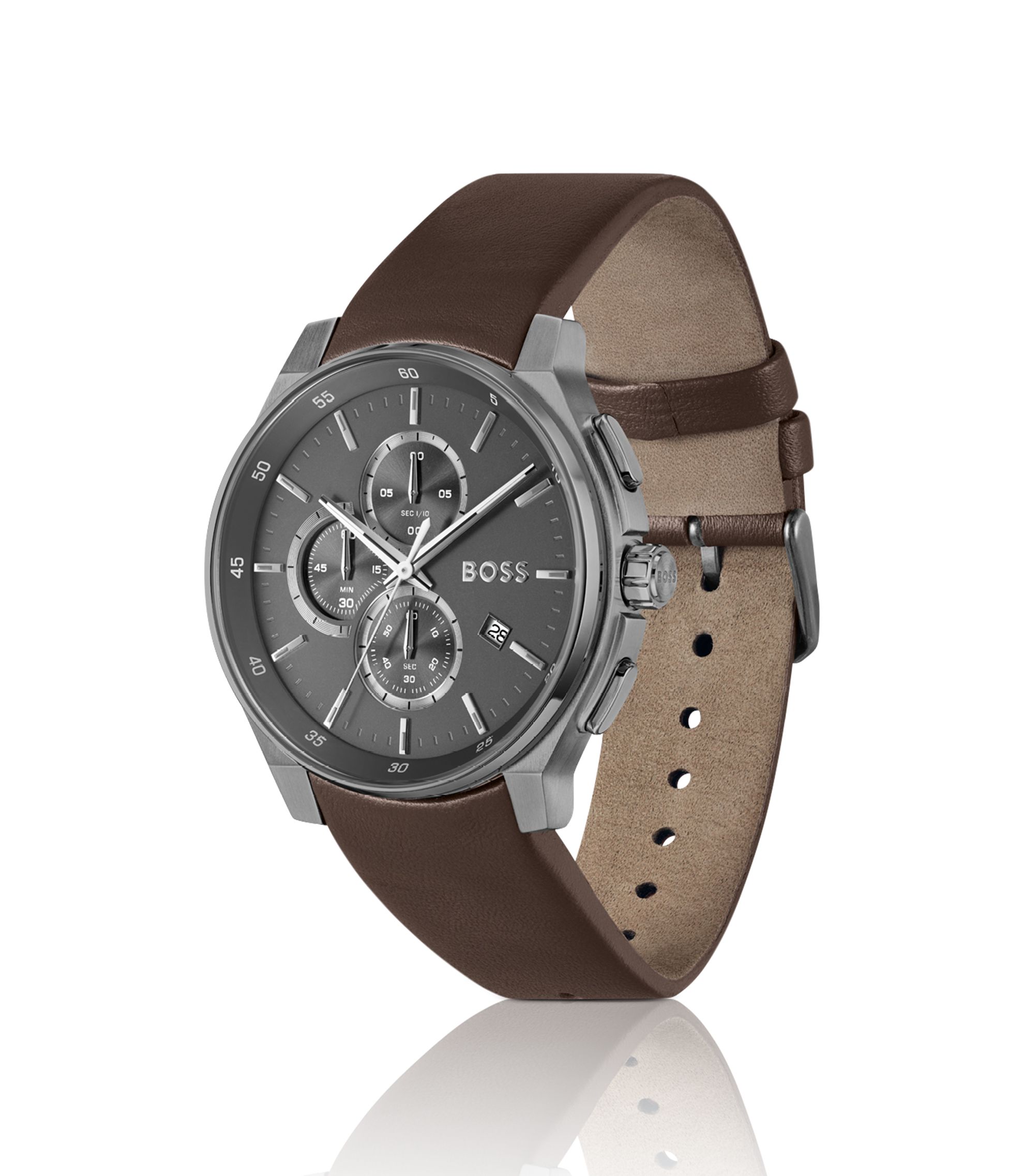 BOSS - Gray-plated chronograph watch with leather strap
