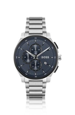 Blue-dial chronograph watch in silver-tone steel, Assorted-Pre-Pack