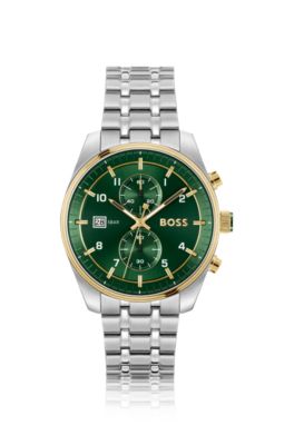 Two-tone chronograph watch with green dial Men's Watches
