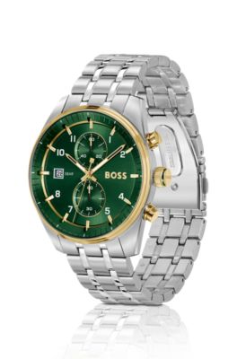 Two-tone chronograph watch with green dial, Assorted-Pre-Pack