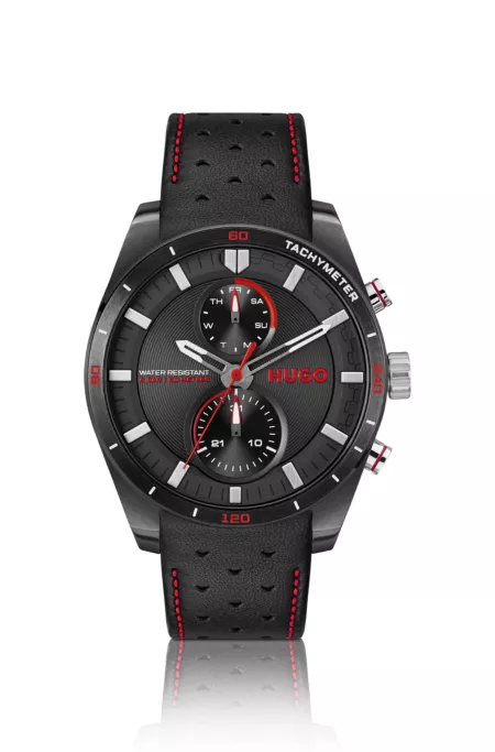 Racing-inspired watch with perforated leather strap