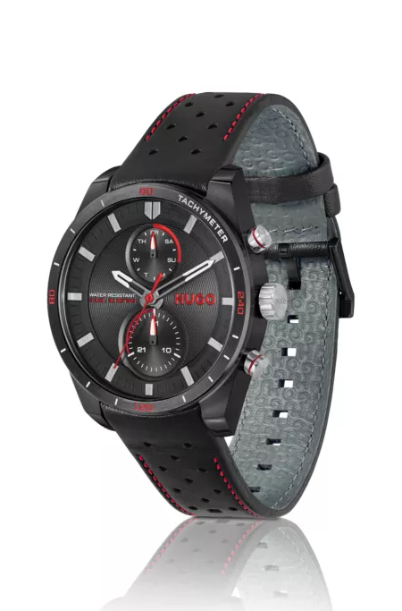 Racing-inspired watch with perforated leather strap