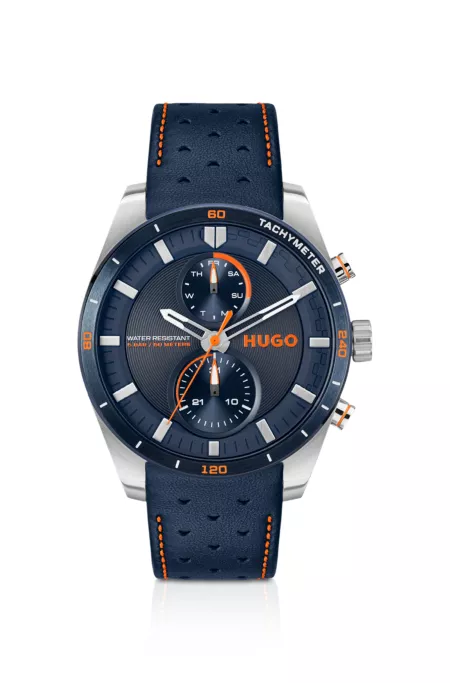 Blue-dial watch with perforated-leather strap