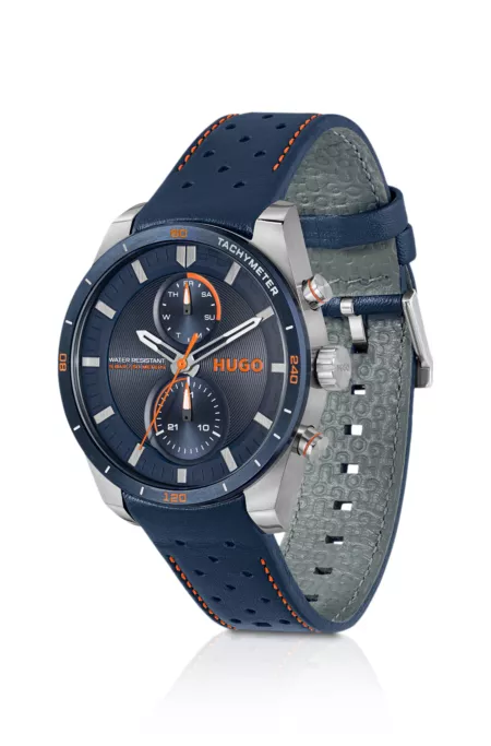 Blue-dial watch with perforated-leather strap