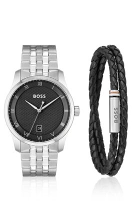 Hugo Boss Knurled-dial Watch And Braided-leather Cuff Gift Set Men's Watches In Assorted-pre-pack
