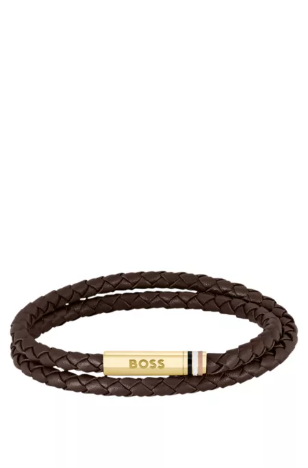 Brown logo-closure cuff in braided leather
