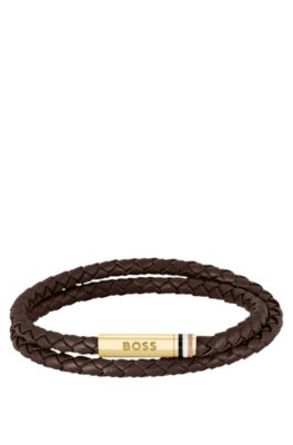 Brown braided leather cuff with logo closure, Assorted-Pre-Pack