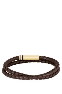 Brown braided leather cuff with logo closure, Assorted-Pre-Pack