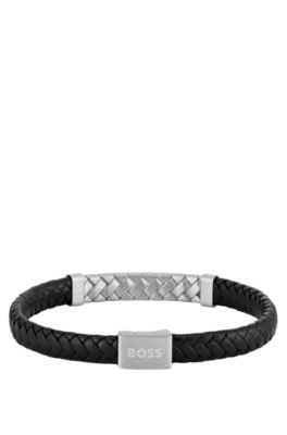 Brazalete negro de piel trenzada con herraje de espiga, Assorted-Pre-Pack