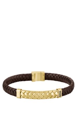 Herringbone-design cuff in brown leather, Assorted-Pre-Pack