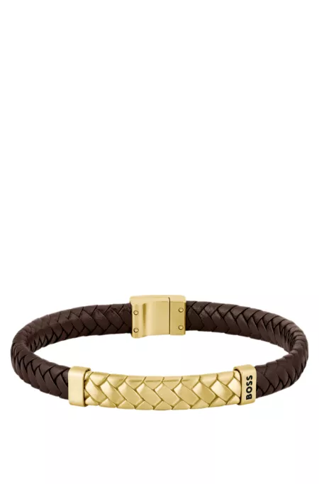 Herringbone-design cuff in brown leather