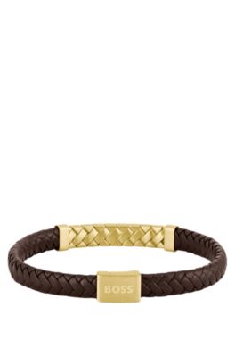 Herringbone-design cuff in brown leather, Assorted-Pre-Pack