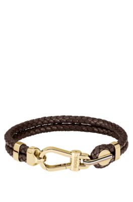 Brown braided-leather cuff with gold-tone carabiner closure, Assorted-Pre-Pack