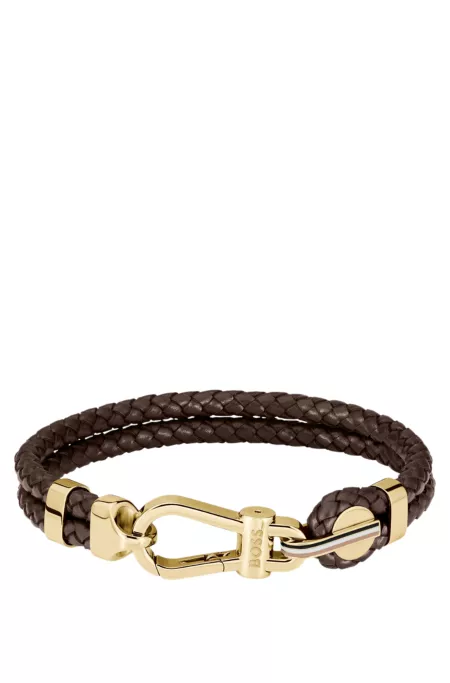 Brown braided-leather cuff with gold-tone carabiner closure
